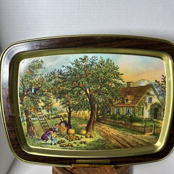 Lot of 2 American Homestead Summer & Autumn Hand Painted Wooden Tin Trays Plates - Picture 5 of 14